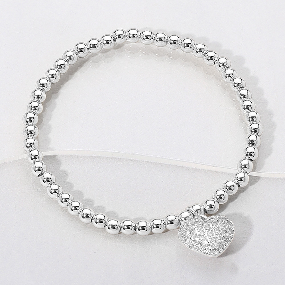 Silver Heart Reversible Stainless Steel Metal Ball Beaded Pendant Bracelet